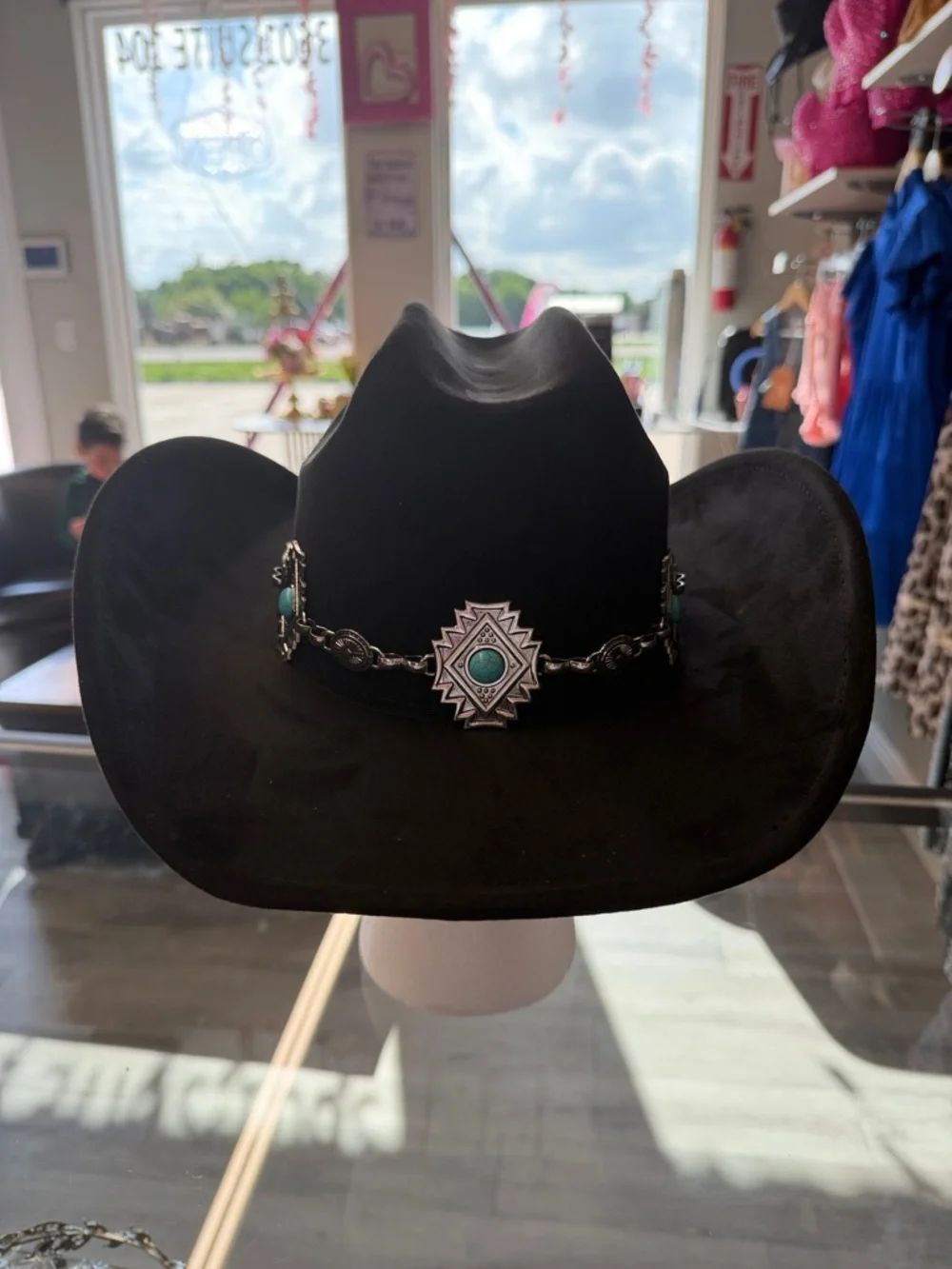 Black Western Cowboy Hat with Turquoise Concho Band - Picture 3 of 3